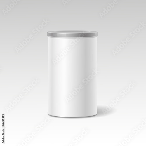 object. White round tin packaging. Tea coffee, dry products