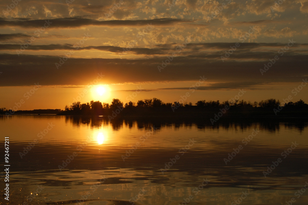 Sunset on the river Volga in Russia