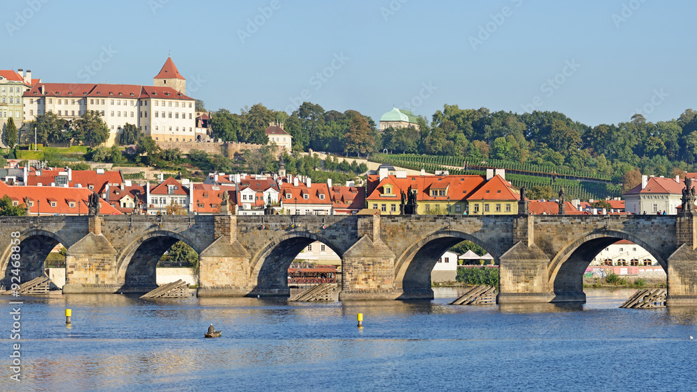 Charles Bridge in Prague -Stitched Panorama - obrazy, fototapety, plakaty 