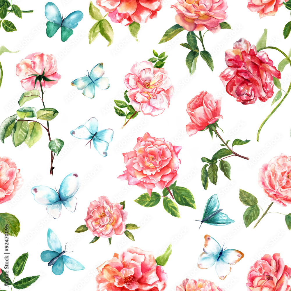Tender watercolor roses and butterflies seamless background pattern