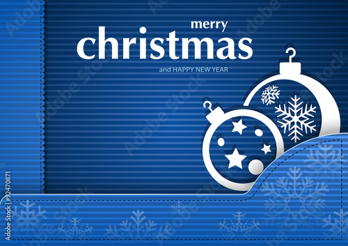 Blue Christmas Striped Card with Baubles - Greeting Card Illustration, Vector