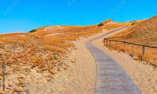 Wooden road in the sand dunes. Curonian Spit, Lithuania.