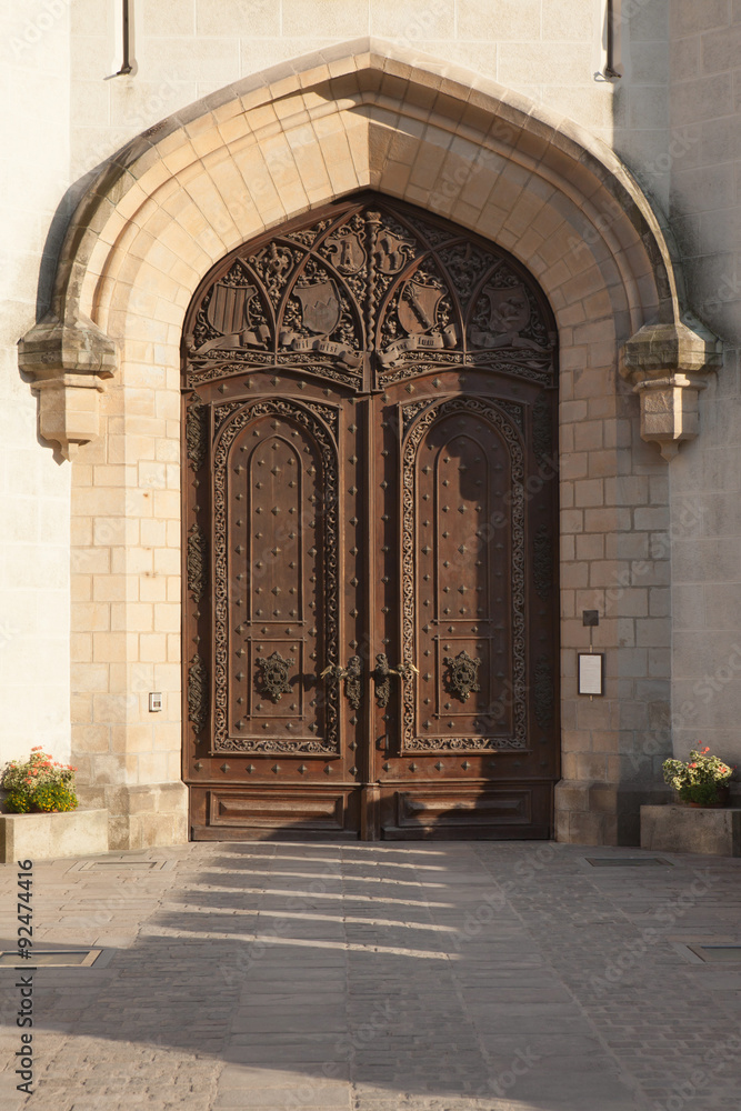 Carved wooden gate of the Hluboka Castle, Czech Republic.