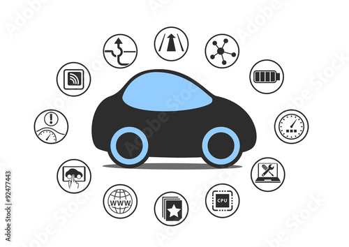 Self driving car and autonomous vehicle concept. Icon of driverless car with sensors like lane assistance, head up display, wireless connectivity.