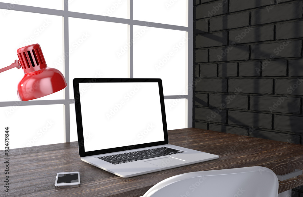 3D illustration laptopand work stuff on table near brick wall 3D illustration laptopand work stuff on table near brick wall