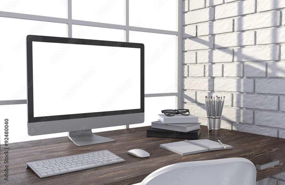 3D illustration PC screen on table in office, Workspace 3D illustration PC screen on table in office, Workspace