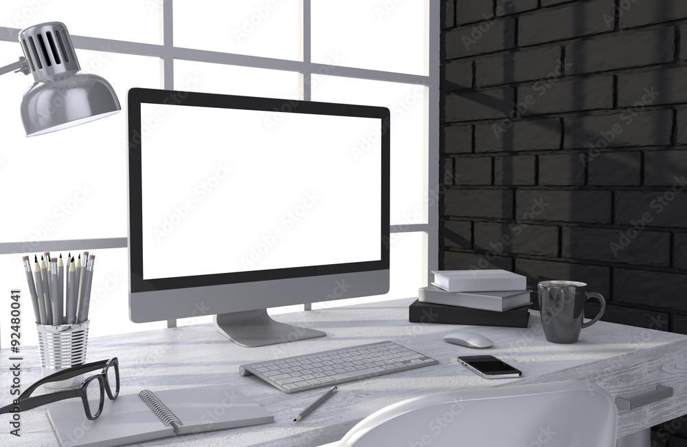 3D illustration PC screen on table in office, Workspace 3D illustration PC screen on table in office, Workspace