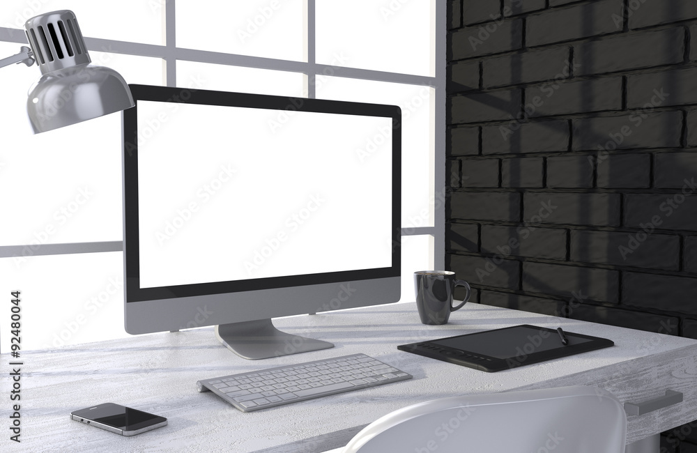 Fototapeta premium 3D illustration PC screen on table in office, Workspace