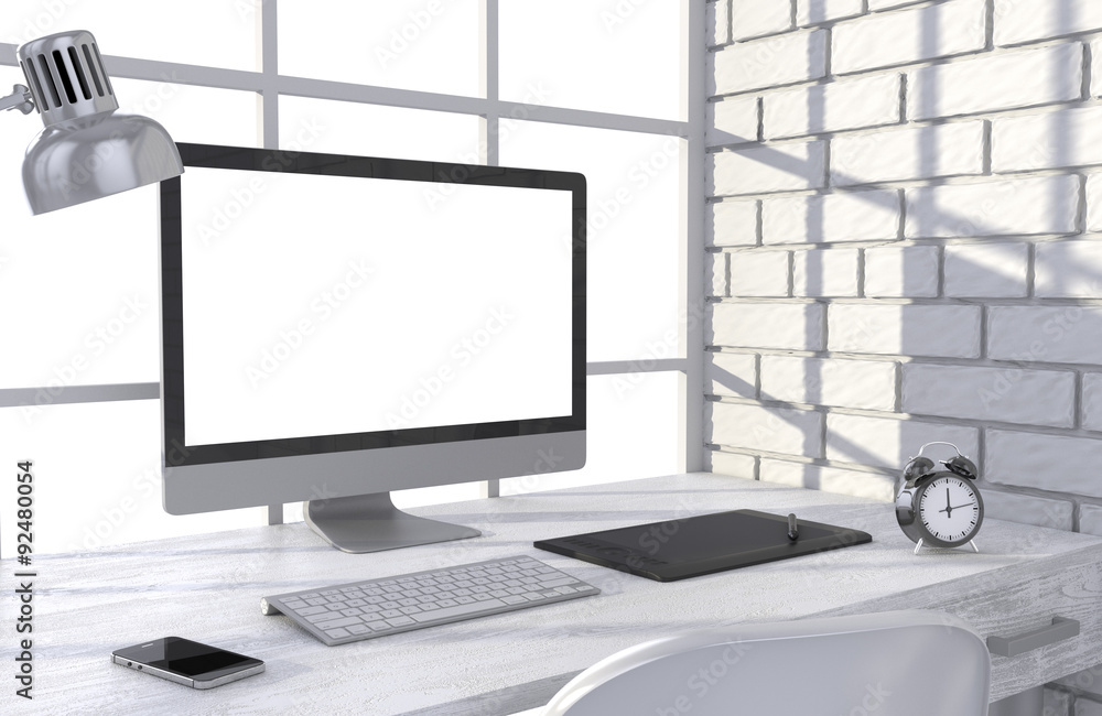 Fototapeta premium 3D illustration PC screen on table in office, Workspace