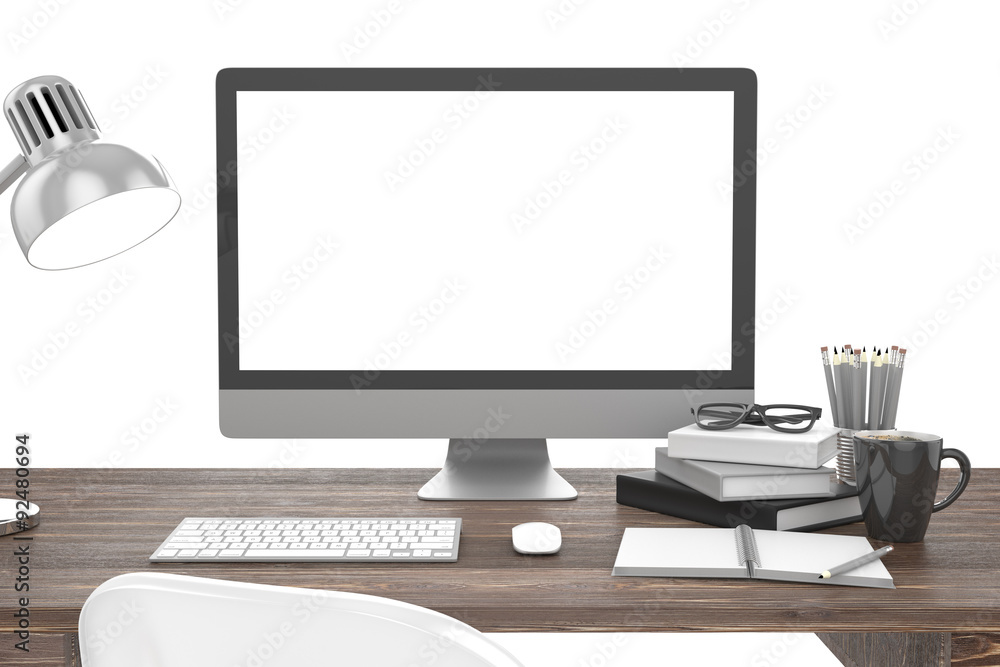 Fototapeta premium 3D illustration PC screen on table in office, Workspace
