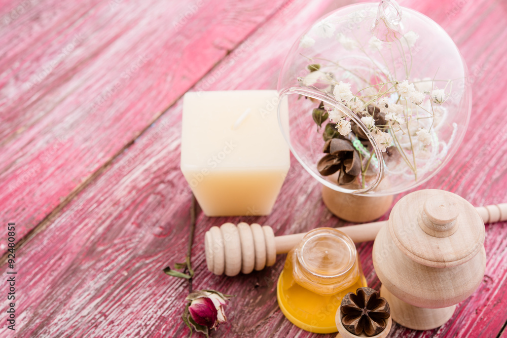 spa treatment -  star anise, honey, salt, arranged with soap bar
