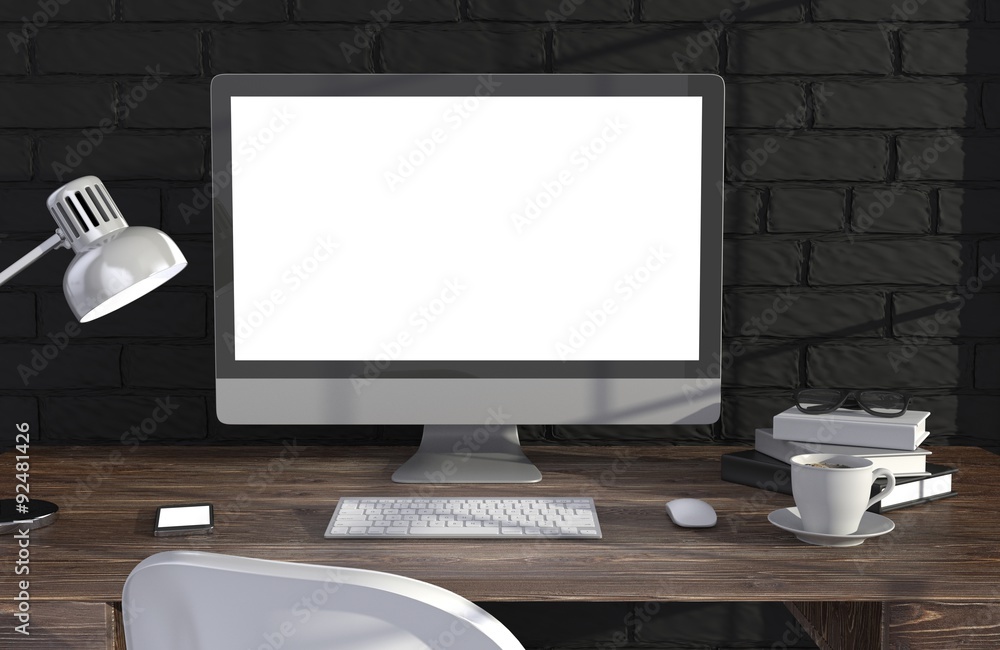 Fototapeta premium 3D illustration PC screen on table in office, Workspace