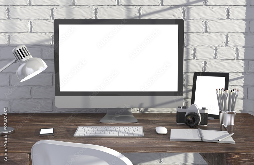 Fototapeta premium 3D illustration PC screen on table in office, Workspace