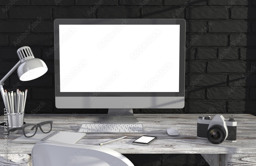 Fototapeta premium 3D illustration PC screen on table in office, Workspace