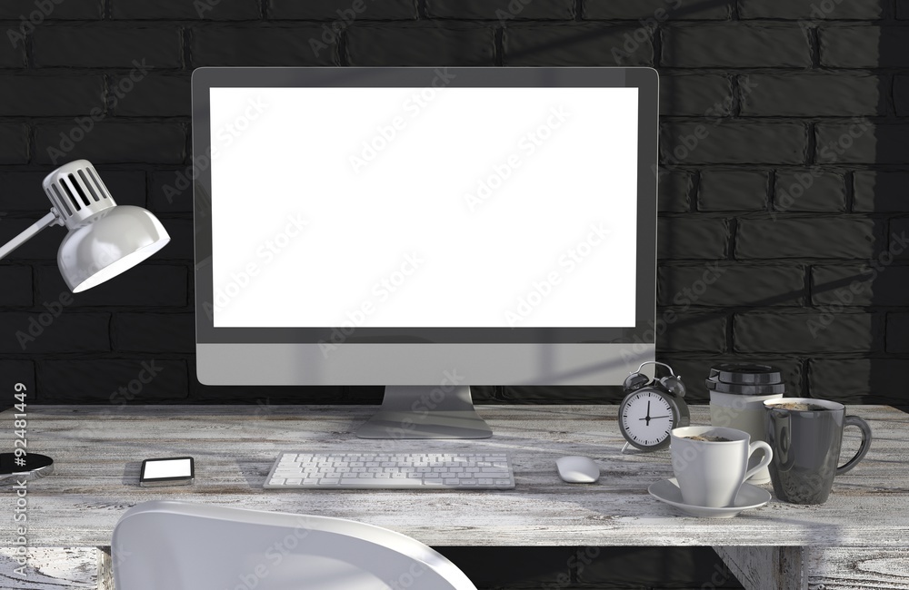 Fototapeta premium 3D illustration PC screen on table in office, Workspace