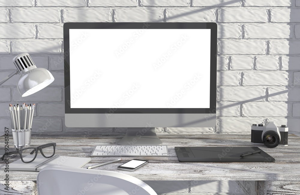 Fototapeta premium 3D illustration PC screen on table in office, Workspace