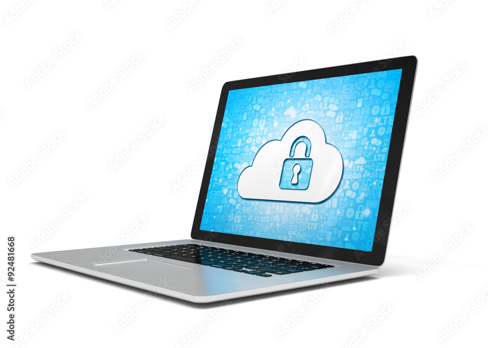 3d rendering of a laptop with cloud security concept 3d rendering of a laptop with cloud security concept