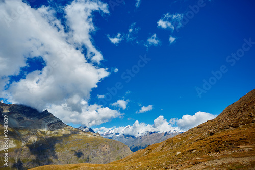 Snow capped mountains.