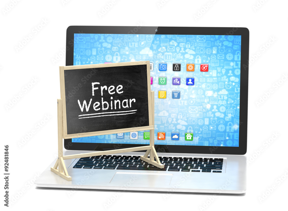 Laptop with chalkboard, free webinar, online education concept Laptop with chalkboard, free webinar, online education concept