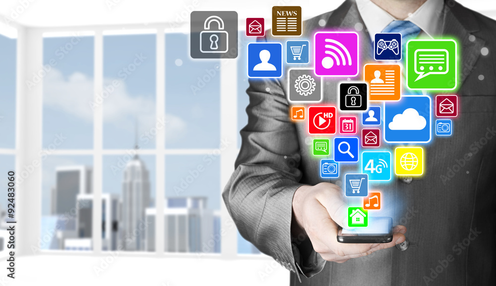 Business man using smart phone with social media icon set Business man using smart phone with social media icon set