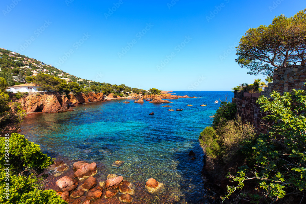 Esterel rocks beach coast and sea. Cote Azur, Provence, France.