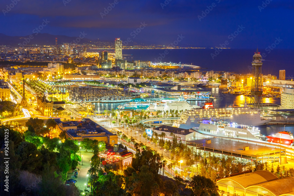Aerial view Barcelona at night, Catalonia, Spain
