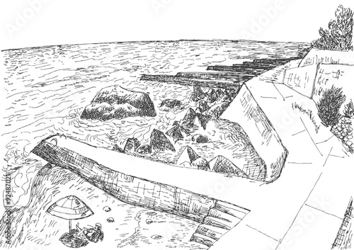 Sea coast with piers and rocky shore in the Crimea. Monochrome freehand ink drawn backdrop sketchy in art doodle style pen.