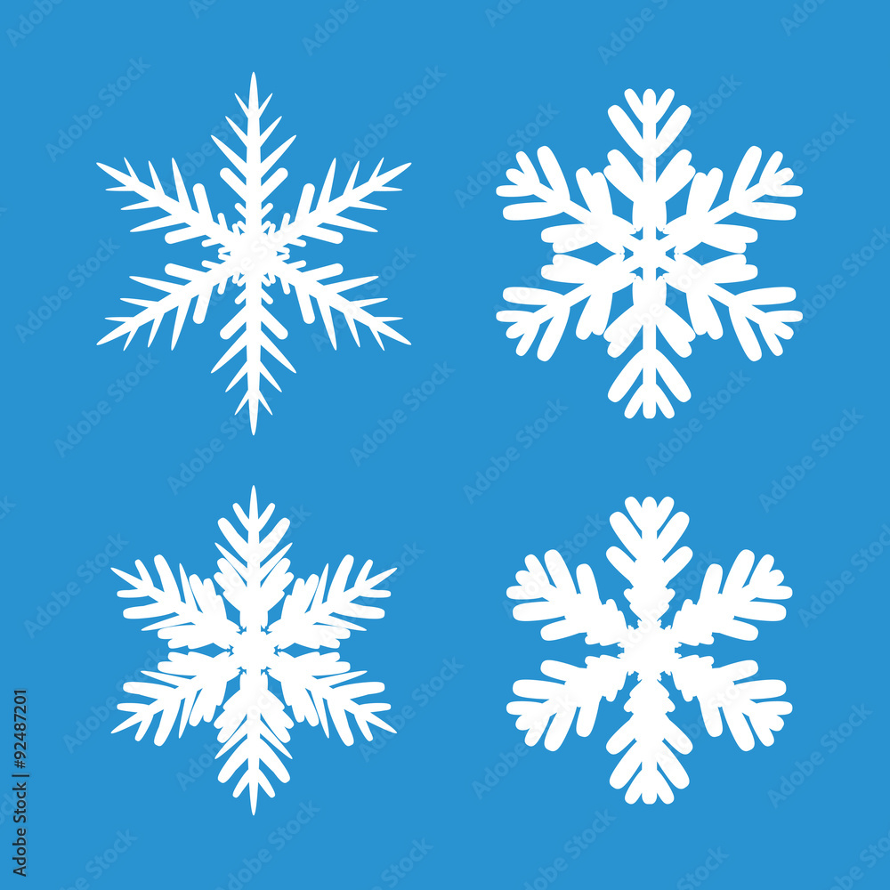 Collection of White Snowflakes and Blue Background.