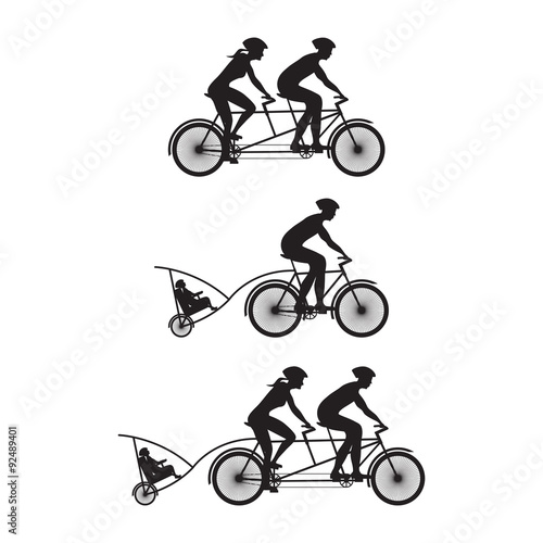 Silhouette of family on bicycles. Bicycle and tandem-bicycle.
