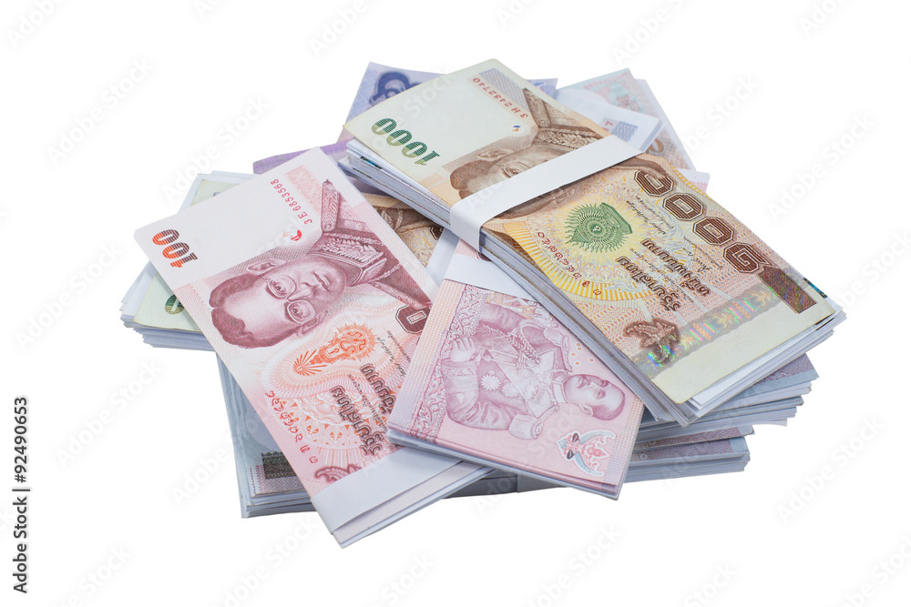 Fototapeta premium Thailand is a bundle of banknotes piled on a white background.