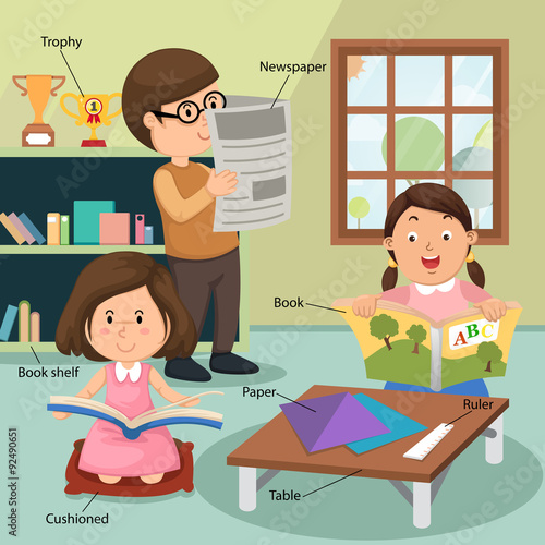 children reading the book at home with related vocabulary index