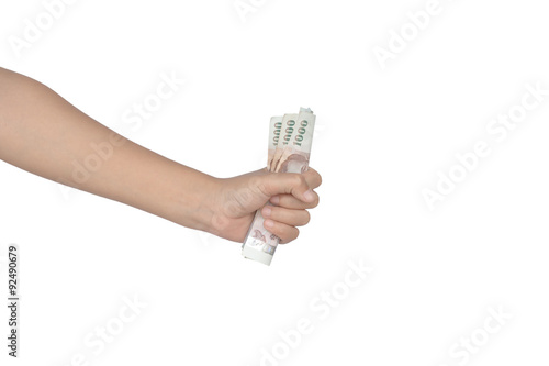 Bundle money notes in hand, white background with space.