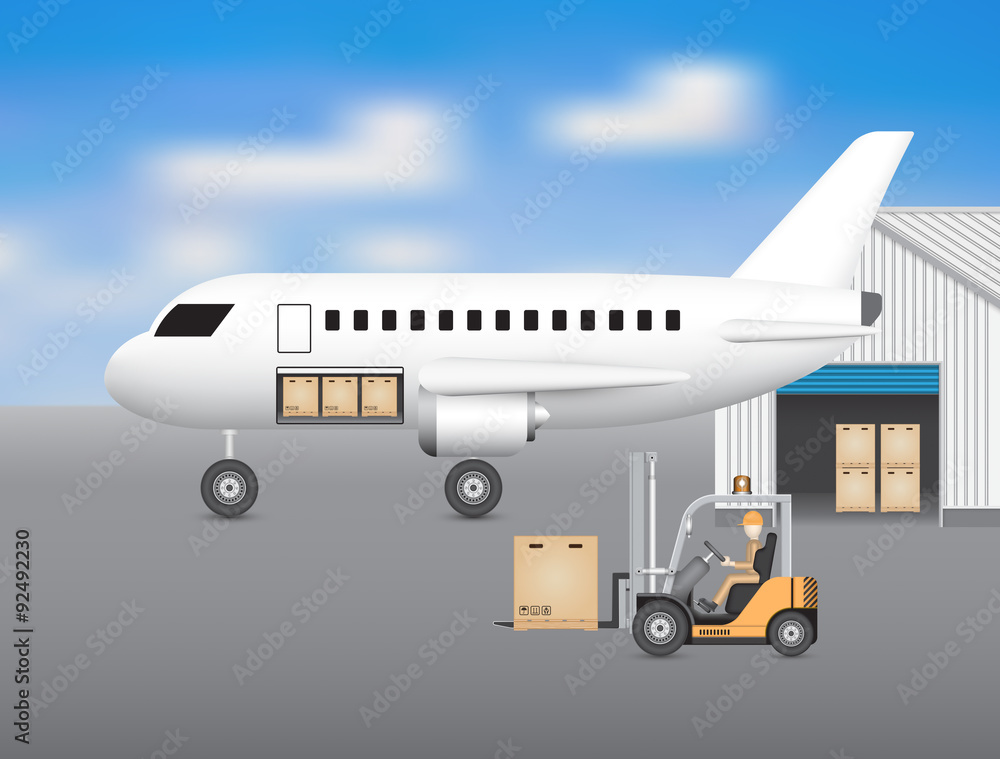 Operator loading cargo box to airplane storage by forklift inside hangar, airport. Vector illustration concept of import export, logistic, shipping, delivery. Freight transport distribution indusry.