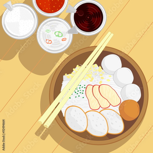 thai style fish ball noodle and roast red pork without soup and condiment