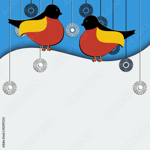 snowflakes background card postcard vector bullfinch