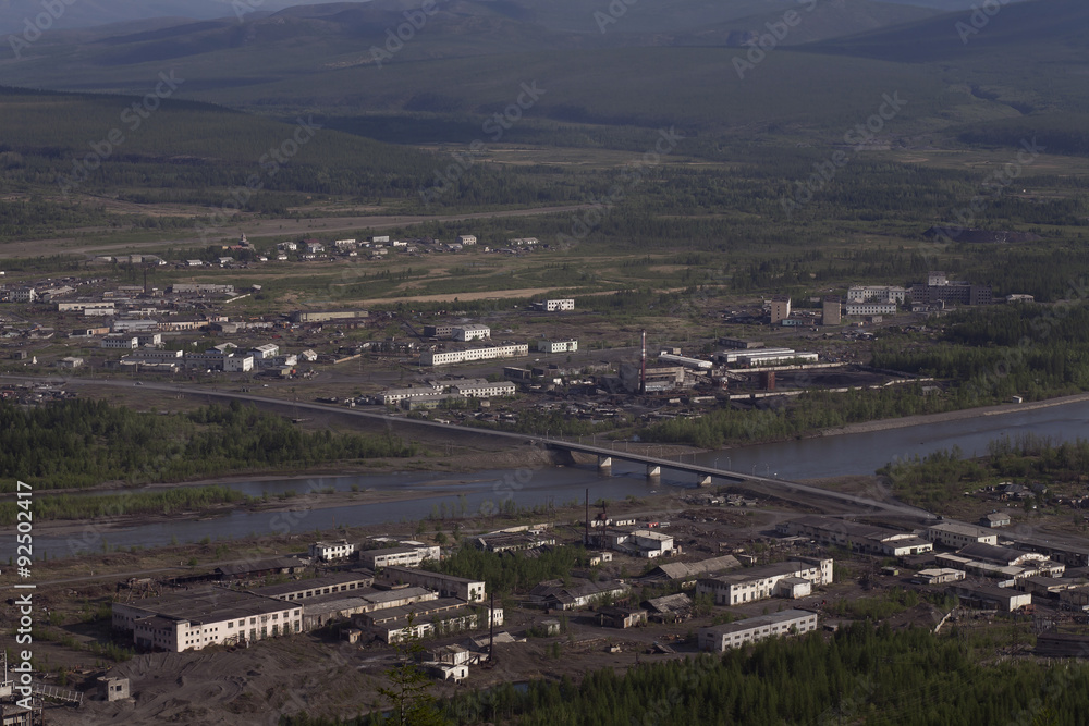 Russia, Magadan region. Village Susman. Top view. Berelekh river.