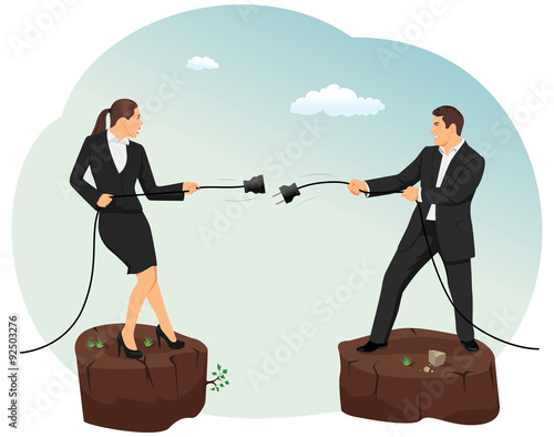 Businessman and businesswoman are unplugging the power cable above the precipice. Relationship disconnection.