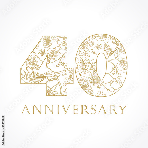 40 anniversary vintage numbers. The template logo 40th birthday in ethnic patterns and the birds of paradise.