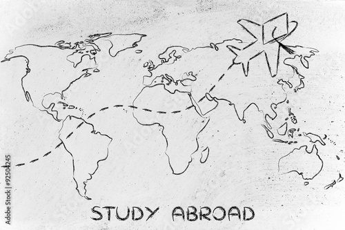 Tableau sur toile study abroad, airplane wearing graduation hat flying across the