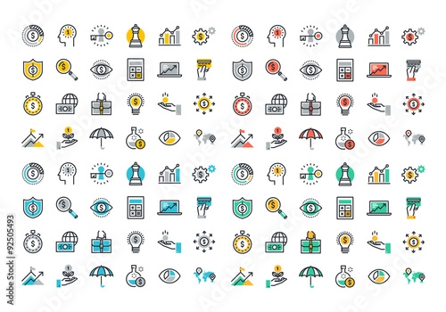 Flat line colorful icons collection of business strategy, money growth, financial planning, investment portfolio, crowdsource funding, market data analytics, insurance.