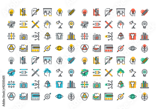 Flat line colorful icons collection of graphic design, web design, photography, industrial design, logo design, branding, corporate identity, stationary, product design.
