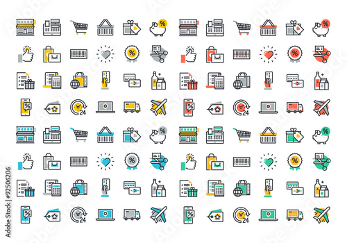 Flat line colorful icons collection of retail shopping activity, shopping and buying products, logistics services and price scanning, consumer items for selling, online shopping, discounts and coupons photo