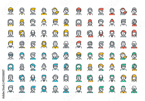 Flat line colorful icons collection of people avatars for profile page, social network, social media, different age man and woman characters, professional human occupation, portfolio.