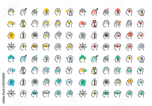 Flat line colorful icons collection of human brain process, people thinking, emotions, mental health, creative process, business solution, character experience, strategy and development, opportunities