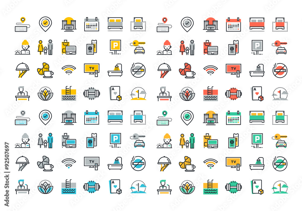 Fototapeta premium Flat line icons set of hotel services, accommodation, motel facility and hostel amenities, online booking, sport and leisure activities, rent a car service, entertainment, business conference.