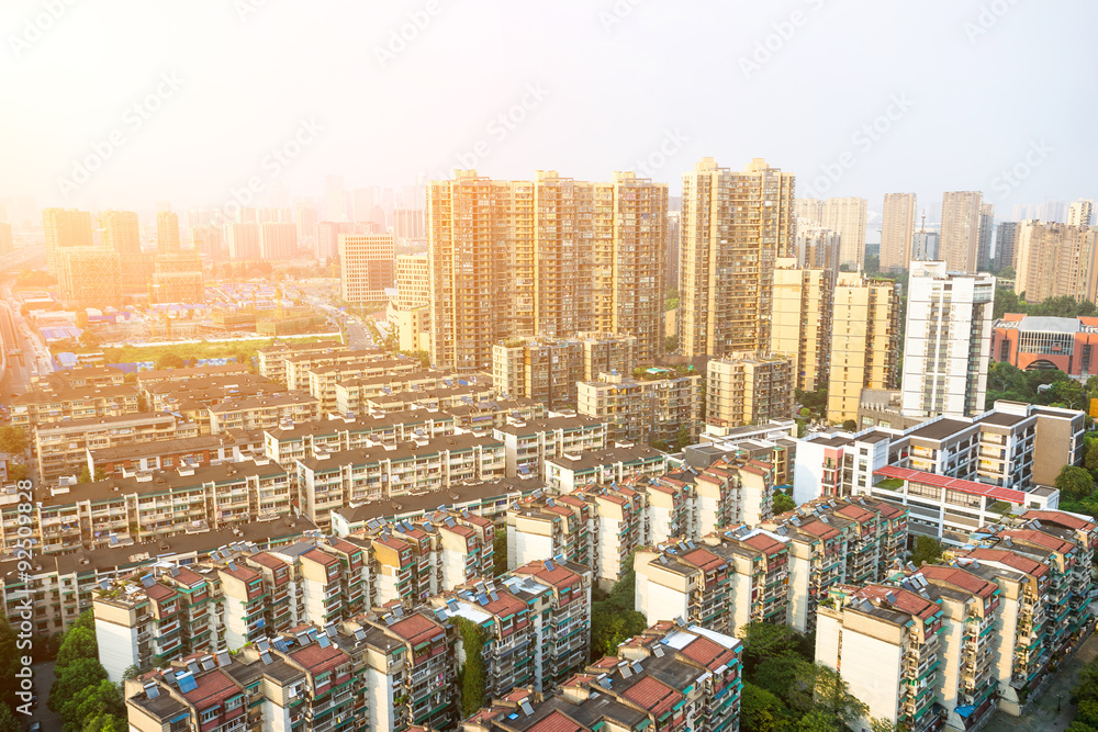 Naklejka premium panorama view of skyscrapers in a modern city