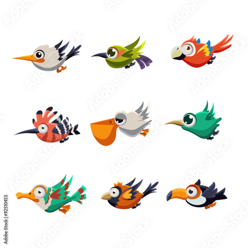 Colourful Flying Birds in Profile Vector Illustration Set