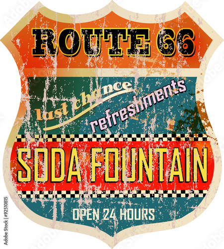 retro route 66 soda fountain sign,fictional artwork, grungy style