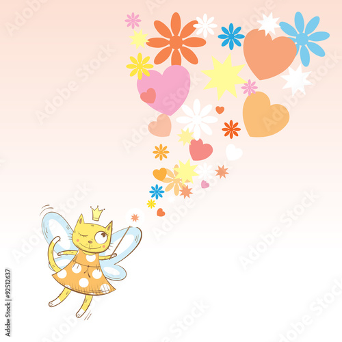 Children's card with cartoon fairy cat and magic wand. Vector image.