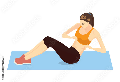 Healthy woman abdominal exercises with lying and twists her body action